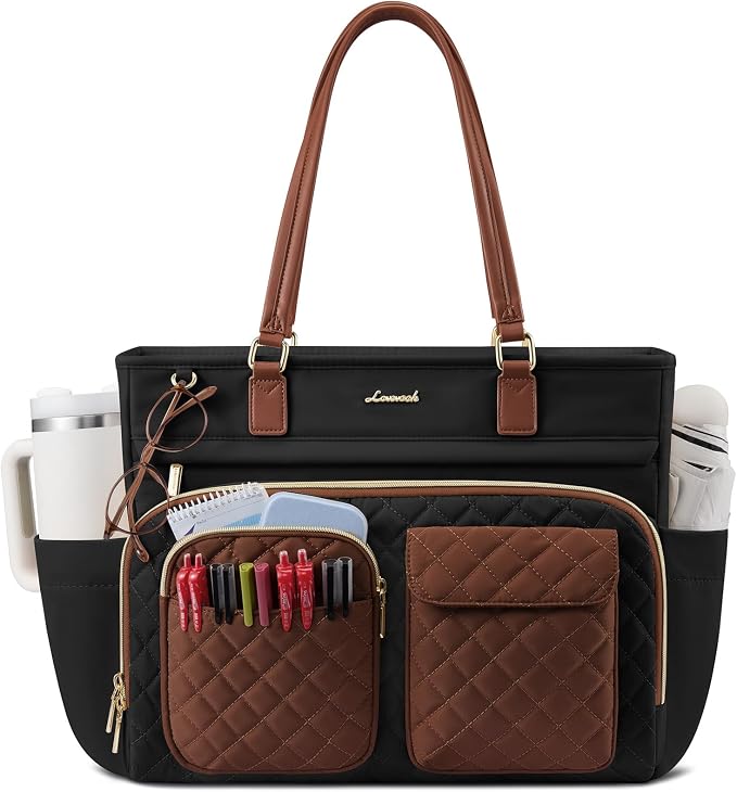 LOVEVOOK Tote Bag, Work Tote Bags for Women with Large Cup Holder, Large Capacity Teacher Tote with Multi Pockets, Nurse Diaper Bag with Padded Laptop Compartment, 15.6 Inch Black Brown by LOVEVOOK