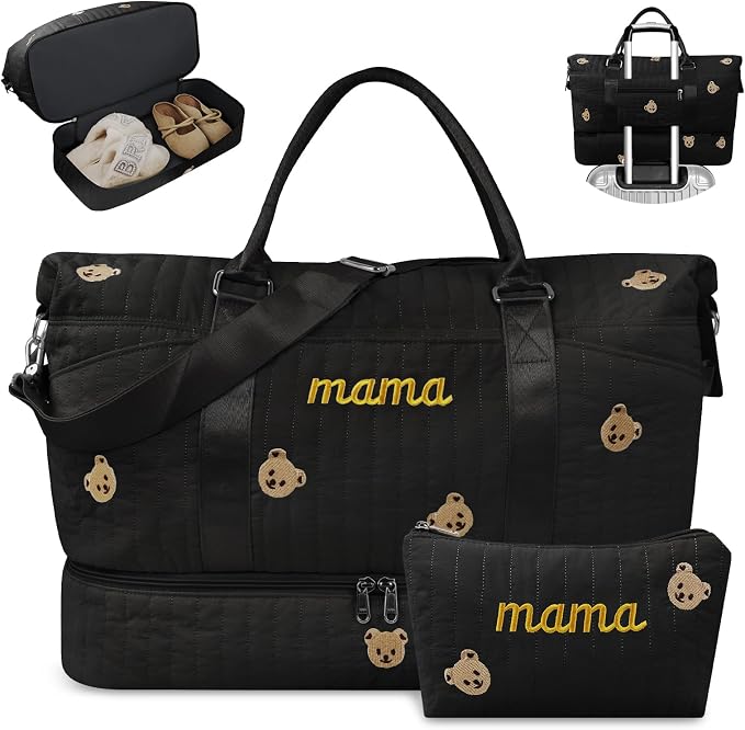 Mama Maternity Hospital Bag Essentials for Women Labor Delivery Baby Diaper Organizer with Shoe Compartment & Toiletry Pouch Travel Duffle Bag for Pregnancy Mommy Weekender Overnight Gifts,Black Bear by izuzta