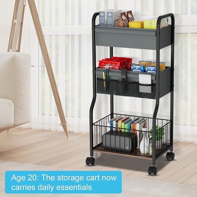 3-tier Baby Diaper Caddy Organizer and Storage Cart with 4+3 Dividers, Metal Utility Cart with Lockable Wheels for Nursery, Bedroom, Bathroom, Black - Image 5