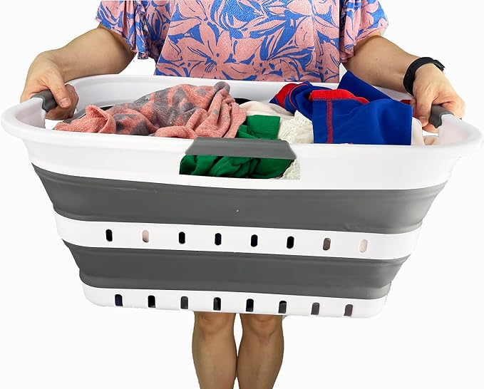 SAMMART Collapsible Plastic Rectangular Laundry Basket - Foldable Pop Up Storage Container/Organizer - Portable Laundry Hamper - Space Saving (White/Steel Grey, 42L) - Image 5