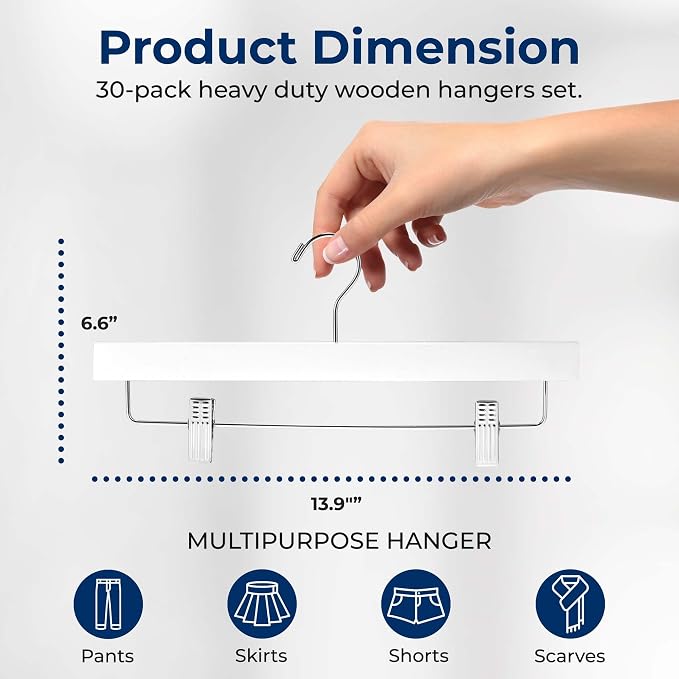 SereneLife 30 Pack Skirt and Pant Hanger with Adjustable Non-Slip Steel Clips, Premium Wooden, 360° Swivel Hook & 10 lb Capacity – Space-Saving Heavy-Duty Hangers for Jeans, Shorts & Slacks (White) - Image 7