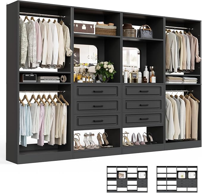 Unikito 100" Wood Closet System with Drawers and Mirror, Black | Large walk in wardrobe organizer with hanging rods and adjustable shelves, sturdy freestanding garment rack tower. by Unikito