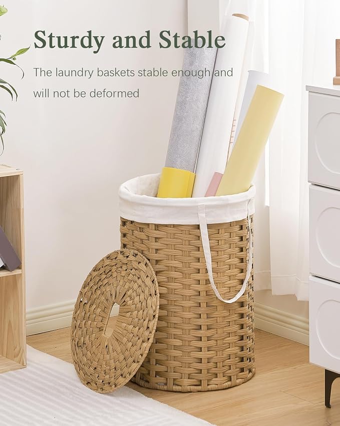 SETVSON Laundry Hamper with Lid Laundry Basket with Lid 72L, Natural | 19 Gal Round PE Rattan Hamper with Lid, Removable Washable Liner Bag, 2 Mesh Wash Bags, Steel Frame, Handles - Image 6