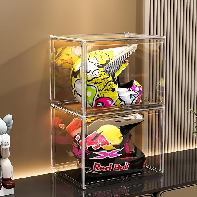 GUDEMAY Large Clear Stackable Plastic Storage Bins with Door, Dustproof Figures Collectibles Display Case, Football & Motorcycle Helmet Showcase, Basketball, Memorabilia Organizer Box (XL, Count, 1) by HaveANiceDay