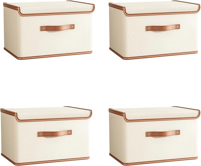 Tuza 4 Pack Storage Bins with Lids, Collapsible Closet Organizer Container, Fabric Organizer Box with Handles, Decorative Storage Boxes with Lids for Organizing Clothes, Blanket, White, Extra Large by LOVEWHEREYOULIVE