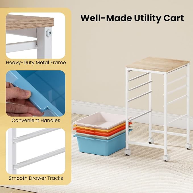 GOFLAME 5-Drawer Rolling Storage Cart, Craft Storage Cart with Wooden Tabletop and Lockable Wheels, Art Cart Supply Storage Organizer with Metal Frame for Home Office Classroom, Macaron Color - Image 7