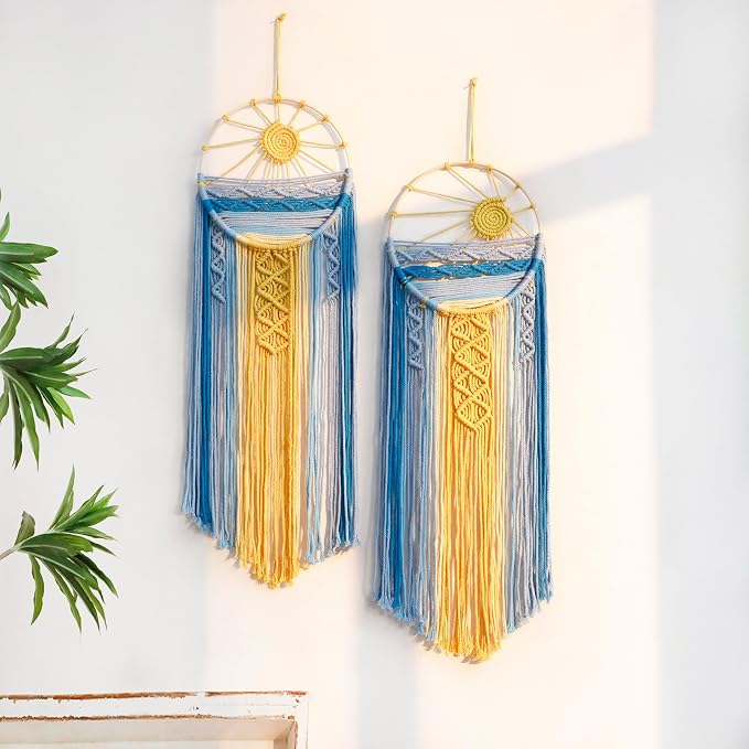 Artilady 2 Pack Macrame Hanging Tapestry Sun Wall Decor, Boho Dream Catcher | Large Tapestry, Handmade Woven, Farmhouse Rustic, Blue Sun Wall Art Set, Bedroom Living Room Entryway Home Decor by Artilady