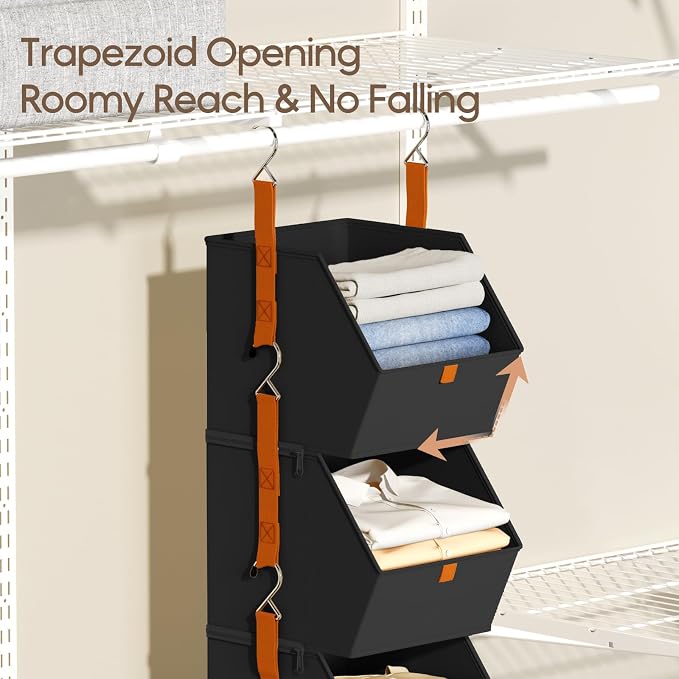 Collapsible Hanging Closet Organizer - 6 Tier Closet Shelves Storage System with Hooks, Fabric Hanging Storage Bins for Clothes, Foldable Storage Basket for Laundry, Bedroom, Rv, Black - Image 4
