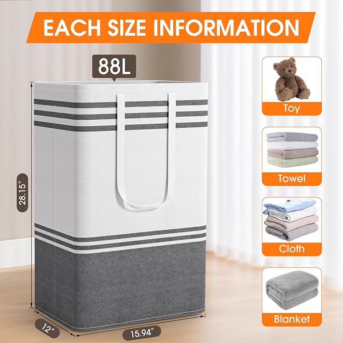 2 Pack Large Home Laundry Basket, Laundry Hamper, Freestanding Waterproof Dirty Clothes Bag, Tall Clothes Hamper - Extended & Reinforced Handles for College Dorm, Family (Light Grey/88L) - Image 2