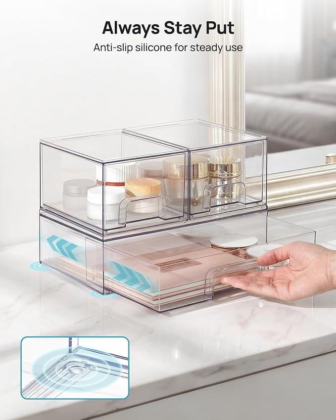 Vtopmart Clear Stackable Storage Drawers Set of 4, Plastic Organizer Bins | Multi-purpose Boxes for Bathroom Accessories, Beauty Supplies, Ideal for Cabinet, Shelf, Pantry, Laundry Room Organization - Image 7