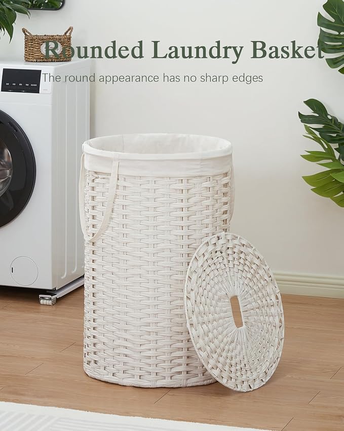 SETVSON Large Laundry Hamper Laundry Basket Round 34.3 Gal PE, White | Decorative PE Rattan Furniture Look for Bedroom, Jumbo Open-Top Laundry Hamper, Removable Bag, 2 Mesh Bags, Handles - Image 2