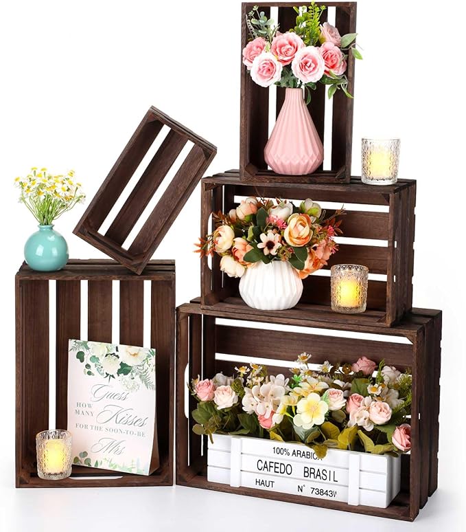 Soaoo 5 Pcs Decorative Nesting Wooden Crates for Storage Display 5 Size Large Small Rustic Wood Decorative Storage Crates with Handle Farmhouse Crate Box Container Made from Pine(Vintage Black) by Soaoo
