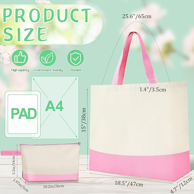 Sanwuta 30 Pcs Canvas Tote Bags Bulk with Zipper Cosmetic Pouch,Pink | 18.5" Reusable Cotton Shopping Bag with Handle for DIY Craft - Image 3