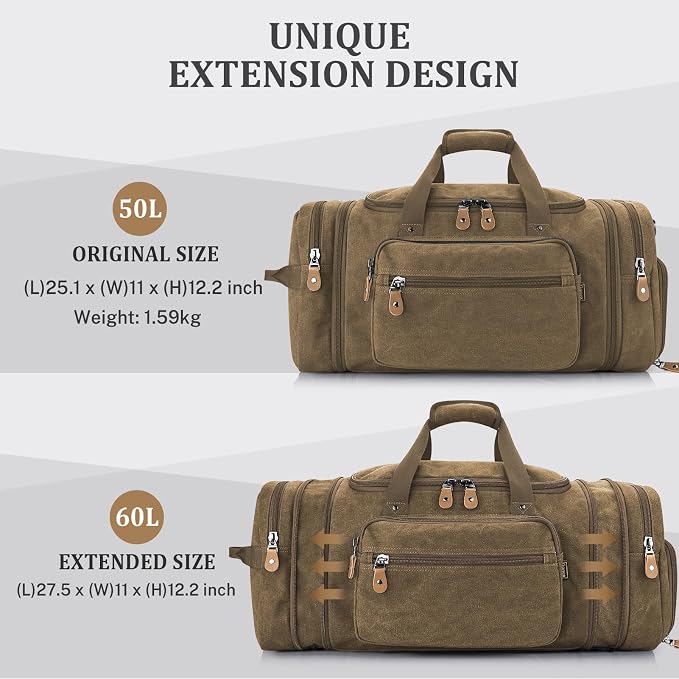 Gonex Canvas Duffle Bag, Expandable 60L Travel Overnight Weekender Bag | for Men, with Shoe Compartment, Multiple Pockets, Tear-Resistant, Durable Zippers, Detachable Strap, Coffee - Image 4