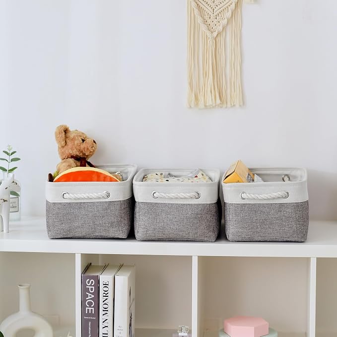 Organization and Storage Basket for Shelves - 1 Pack 14x10x6.7 inch Collapsible Storage Bins, Fabric Storage Cubes for Closet Organizer Toy Gift Cloth (White & Grey) - Image 3