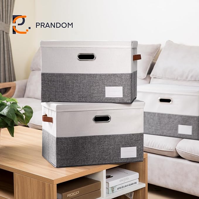 Foldable Storage Bins with Lids [3-Pack] Fabric Collapsible Storage Boxes Baskets Cubes Containers with Handles for Closet Living Room Bedroom (Grey & White 17.7x11.8x11.8'') - Image 2