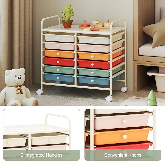 RELAX4LIFE 12-Drawer Rolling Storage Cart - Mobile Utility Cart on Wheels for School Classroom Teacher Office Salon, Paper File Art Supply Craft Organizer, Rolling Cart with Drawers (Macaron) - Image 6