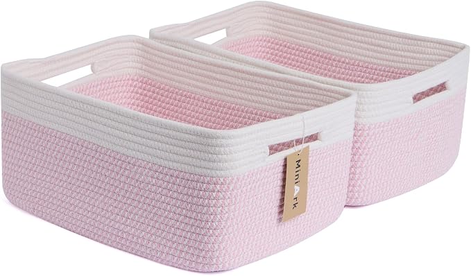 MiniArk Large Storage Baskets for Shelves, 17 x 13 x 7.5” Closet Organizers Bins for Clothes Blanket Towels, Baby Nursery, Toy Baskets Box, Woven Rope Baskets, 2 Packs Woven Pink by MiniArkStorageBasketsHome