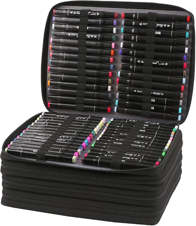 Marker Pen Organizer Case 224 Slots w/Handle & Shoulder Strap | 4-Layer Zipped Pencil Pouch PU Leather w/Open Front pocket for Gel Pen Markers to Artists, Painters - Image 3