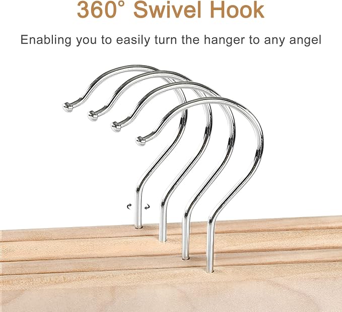 TOPIA HANGER Natural Unfinished Wood Pants Hangers, Wooden Skirt Hanger with Adjustable Clips, 360° Swivel Anti-Rust Hook, Smooth Finish Wood for Trousers 10 Pack-CT10PN - Image 3