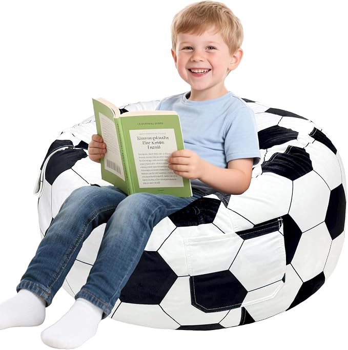 Lukeight Soccer Bean Bag Chair for Kids and Teens, Memory Foam Filled Floor Lounger, Washable Velvet Cover with Inner Liner, Beanbag Chair with Filling for Gaming and Reading, Large 27" D x 16" H by Lukeight