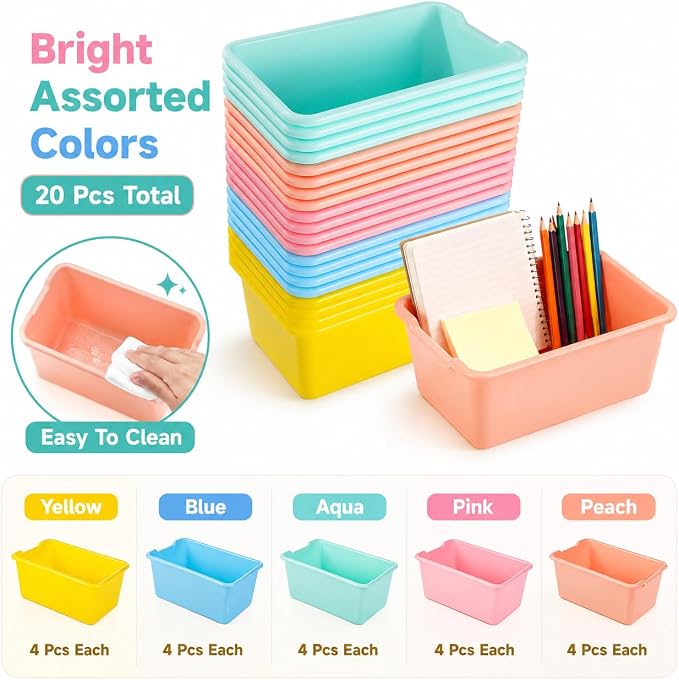 OMISTAR 20 Pack Book Bins for Classroom, 11.6 x 7.5 x 5.1 Plastic Cubby Book Bins Library Stackable Cubby Desk Organizer Containers Organizer Basket Bin for School Office Home Nursery Playroom - Image 7