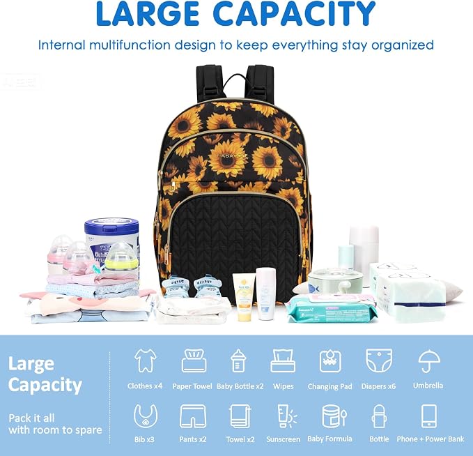 Baby Diaper Bag Backpack, Waterproof Diaper Backpack for Mom & Dad with Changing Pad, Insulated Pockets and Stroller Straps, Baby Shower Gifts for Girls & Boys, Sunflower - Image 6