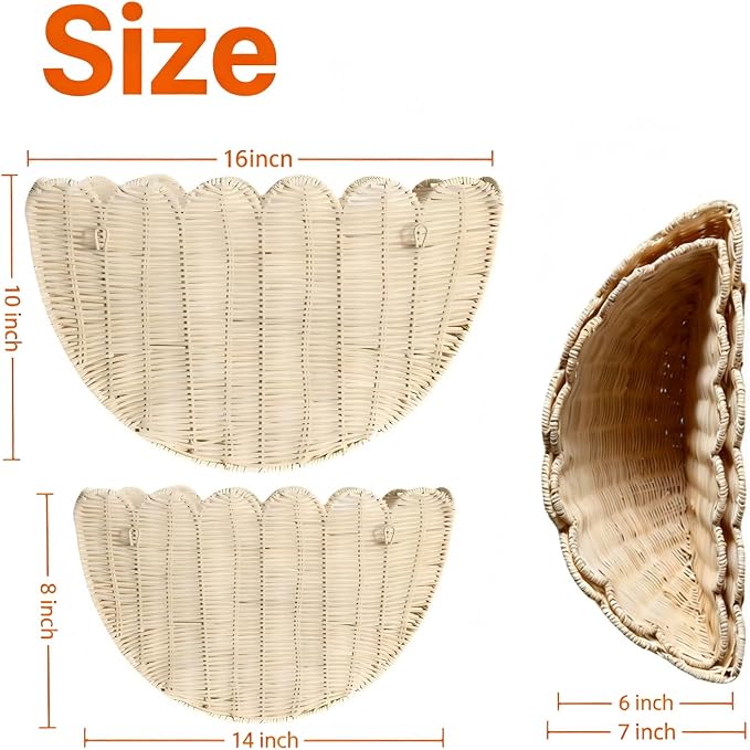 Handwoven Scalloped Wall Basket, 2Pcs Natural Rattan Hanging Wicker Baskets for Wall Storage & Decor, Boho Farmhouse Wall Basket Decor for Bathroom, Living Room, Nursery(16" & 14") (Natural) - Image 4