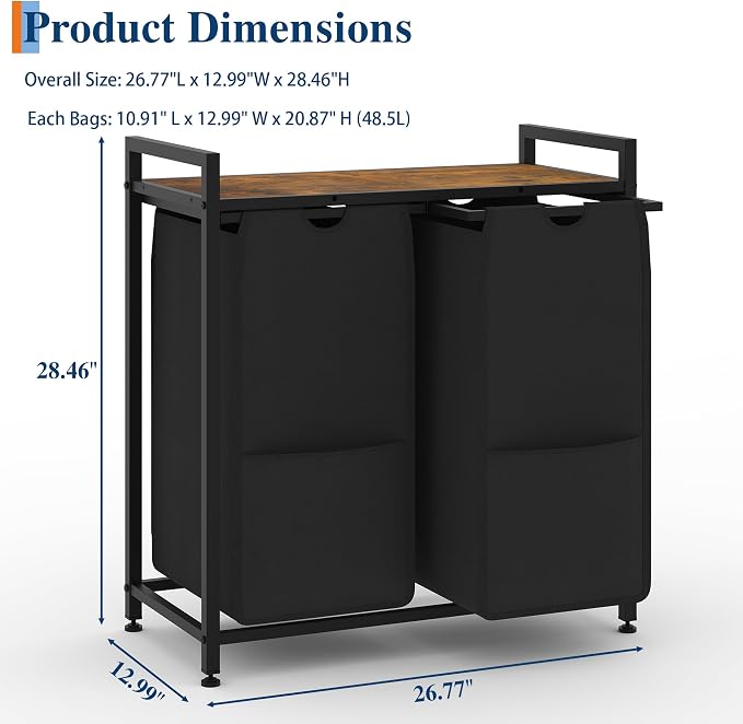 Garvee 97L Laundry Basket 2 Section, Laundry Hamper with Shelf & 2 Removable Bags, Dirty Clothes Basket Organizer for Bathroom Bedroom Room Organization, 2 x 12.8 Gal (48.5L), Rustic Brown + Black | Laundry Basket with Shelf & 2 Removable Bags, Dirty C... - Image 2