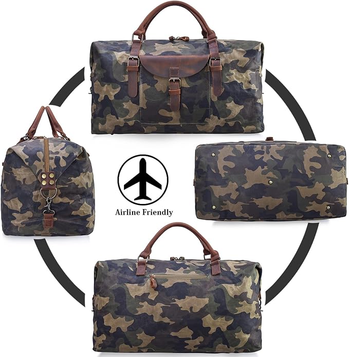 Oversized Travel Duffel Bag Waterproof Canvas Genuine Leather Weekend bag Weekender Overnight Carryon Hand Bag Camo - Image 6