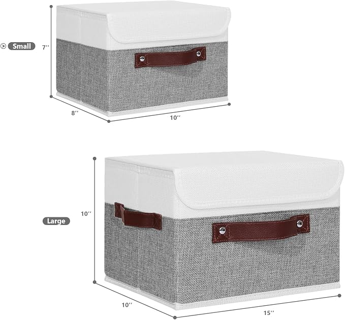 ANMINY Fabric Storage Box Bins with Lids, Gray White, 10"x8"x7" | Keepsake Memory Storage, Cotton Linen, PP Board Reinforced, Washable, PU Handles, Foldable & Stackable, Decorative, Small - Image 5