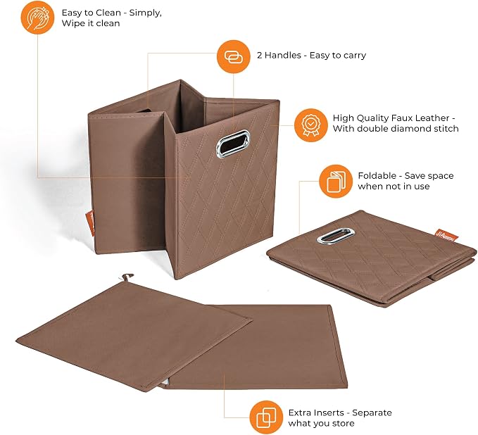 Small 11-inch Brown Foldable Diamond Patterned Faux Leather Storage Cube Bins Set of Four with Handles with Dual Handles for living room, bedroom and office storage - Image 8