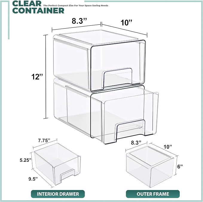 Sorbus Clear Stackable Storage Drawers with Handles (Large, 2 Pack) | Pull-out cabinet organization with multipack plastic bins for bathrooms, closets, medicine, pantries and baby bottles. - Image 3