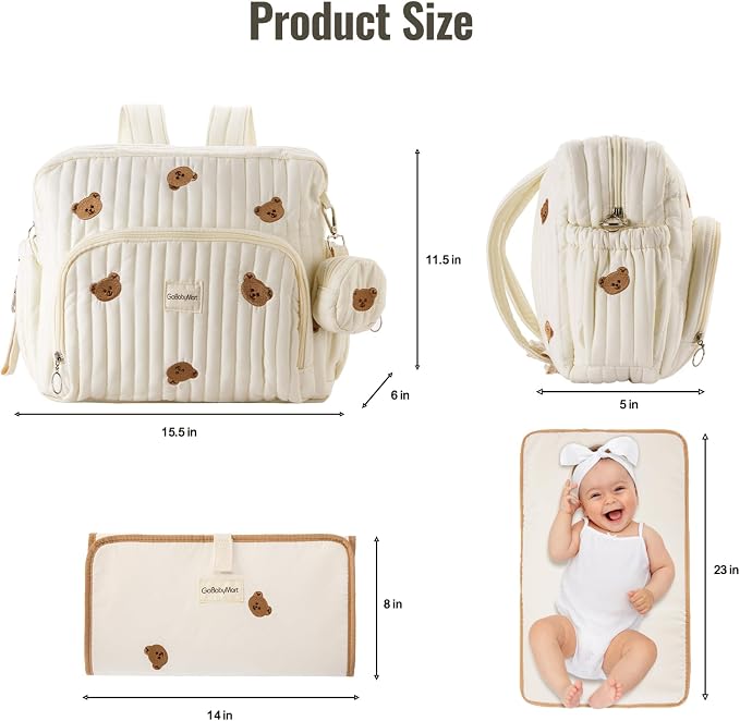 Diaper Bag Backpack with Changing Pad - Travel Baby Bag, Insulated Bottle Pockets, Stroller Straps (Medium - Beige Bears) - Image 7