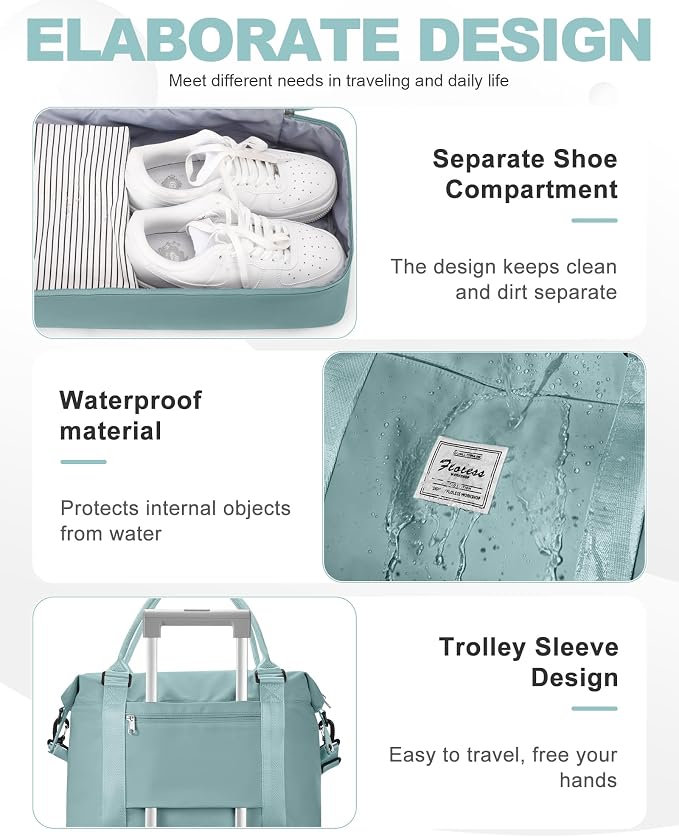 Travel Duffel Weekender Bag Women Tote Carry On Bags With Shoe Compartment | 18x14x8 inches Travel Overnight Bags with Trolley Sleeve for Airplanes Sport Tote Gym for Men Lightweight Daypack Blue - Image 5