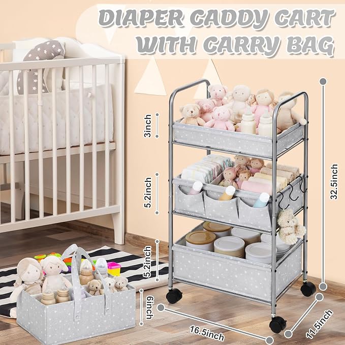 Yookeer 2in1 Baby Diaper Caddy Organizer Cart 3 Tier Large Capacity Metal Utility Bedside Rolling Cart with Divider Newborn Registry Gift Nursery Essential Must Have Bedroom Baby Shower(Gray,Star) - Image 2