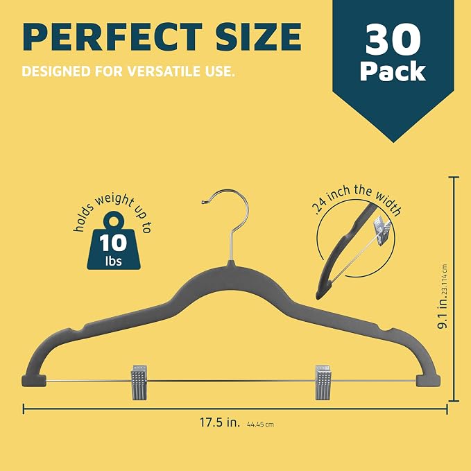 Lifemaster Velvet Skirt Hangers – with Adjustable Clips, 360 Degree Swivel Hook, and Non-Slip Shoulder Notch, Holds Up to 10 lbs, for Organizing Skirt, Pants, Dress, and Clothes, Pack of 30, Gray - Image 2