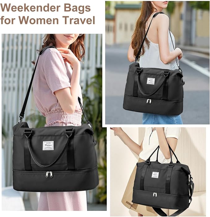 Weekender Bags for Women, Travel Duffel Bags with Shoe Compartment,Personal Item Travel Bag for Airlines, Carry on Overnight Tote Bag for Women with Toiletry Bag, Black - Image 2