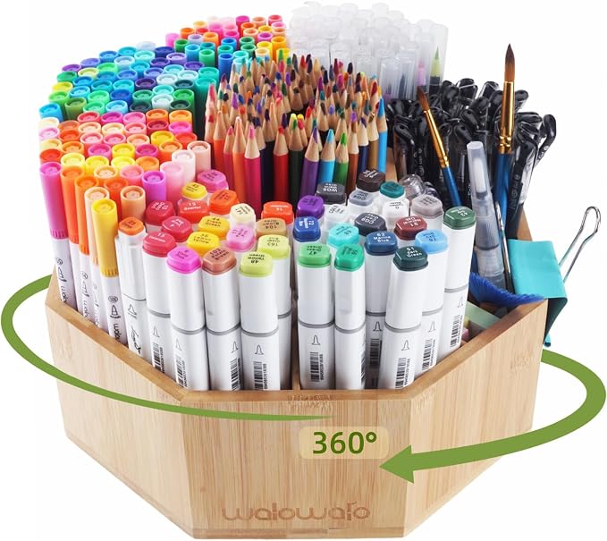 Bamboo Rotating Art Supply Organizer Caddy Holds 800+ Pencils Spinning Crayon 160 Marker Holder Desk Brush Colored Pencil Storage for Office Classroom Organization Stationary (Larger VER) by walowalo