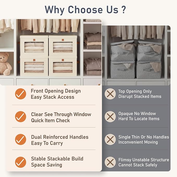 DIMJ Storage Bins with Lids - 4 Pack Front Opening Stackable Fabric Storage Boxes with Clear Window & Handles, Collapsible Closet Organizers for Clothes, Sweaters, Shelf Storage, Bedroom, Beige - Image 3