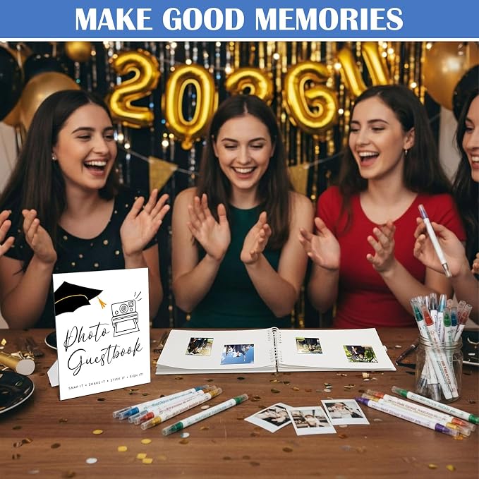12 Pcs 2026 Graduation Guest Book with Photo Sign Decor 80 Pages Class of 2026 Scrapbook Photo Album with 10 DIY Dual Tip Metallic Markers Pens Gift, Exclude Camere(Graduation Cap,White,10.4 Inches) - Image 6