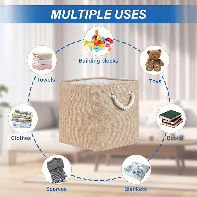 Temary Cube Storage Bins 11 Inch Fabric Storage Baskets 4 Pack Collapsible Storage Cubes Baskets for Gift Empty, Cube Organizer Bins Cloth Basket for Shelves (Linen Yellow) - Image 2