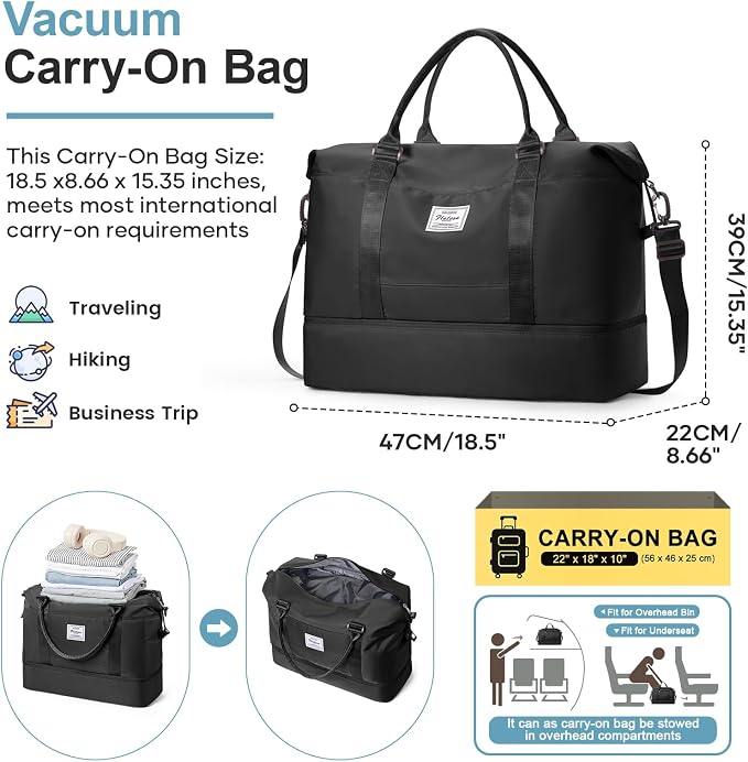 Weekender Bags for Women, Personal Item Travel Bag with Shoes Compartment | Vacuum Overnight Travel Duffel Bag with Air Pump & Compression Pocket - Image 2