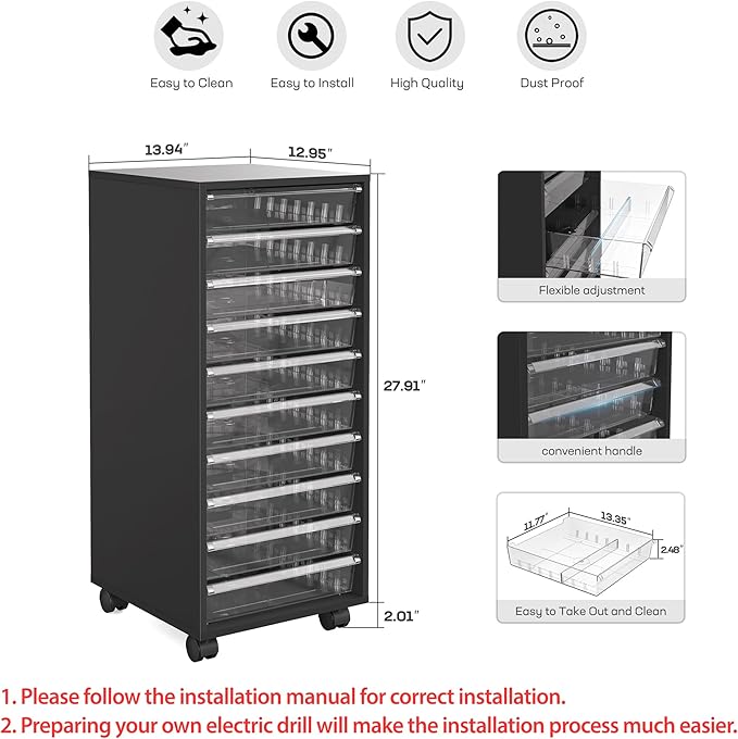 Storage Drawer Cart, Mobile Storage Cabinet, Makeup Storage with 10 Large Clear Drawers, Utility Wooden Rolling Cart on Wheels, for Cosmetic, Art Craft, Office Supplies, Toy, Black - Image 3