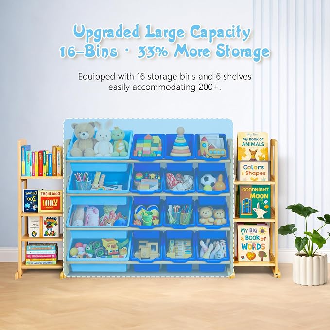 Kids Toy Storage Organizer with Bookshelf – Wooden Shelf with 16 Bins & 6 Shelves, Quick Assembly Storage Rack for Playroom, Bedroom, Nursery - Blue - Image 5