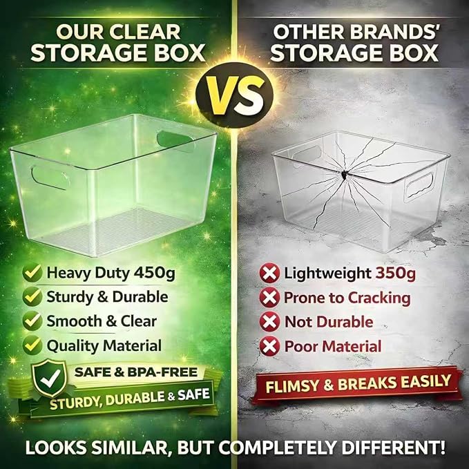 12 Pack Large Clear Plastic Storage Bins, Kitchen&Pantry Organizer | Heavy-duty 450g BPA-free PETG containers with handles for fridge, under-sink, bathroom, office, closet, and garage storage - Image 4