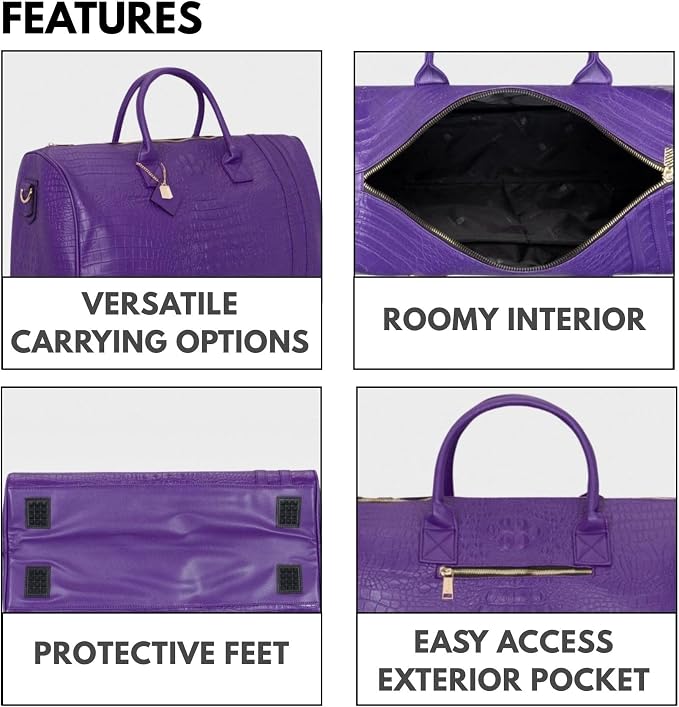 Tote&Carry Apollo 2 Duffle Bag for Travel Women & Men, TSA Approved Carry On Duffel Bag, Premium Vegan, Durable Weekender Luggage for All-Purpose Use (XL - Crocodile Skin, Purple) - Image 4