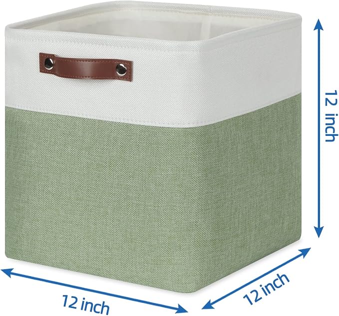 Temary Fabric Storage Bins for Organizing Clothes, Closet Baskets with Handles - Decorative Storage Boxes for Home (White & Green, 12 Inch, 4 Pack) - Image 2