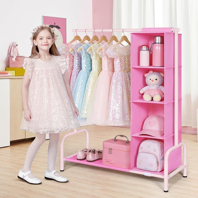 Univivi Kids Clothing Rack with Hanging Organizer, 43 Inch Tall, Pink | Toddler Dress Up Storage with Bottom Shelf, Sturdy Metal Baby Clothes Rack, Dress Up Closet for Nursery, Playroom, Bedroom - Image 2