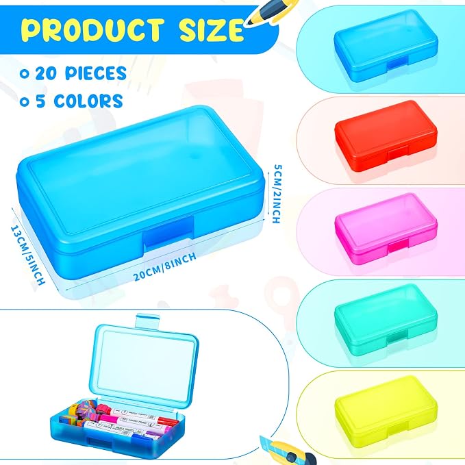 Zhehao 20 Pack 8''x5.5''x2'' Clear Pencil Boxes with Lids,Colorful | Bulk Clear Plastic Pencil Box, Stackable Crayon Pencil Case for Students, Large Pen Boxes for Kids, Back to School Supplies - Image 2